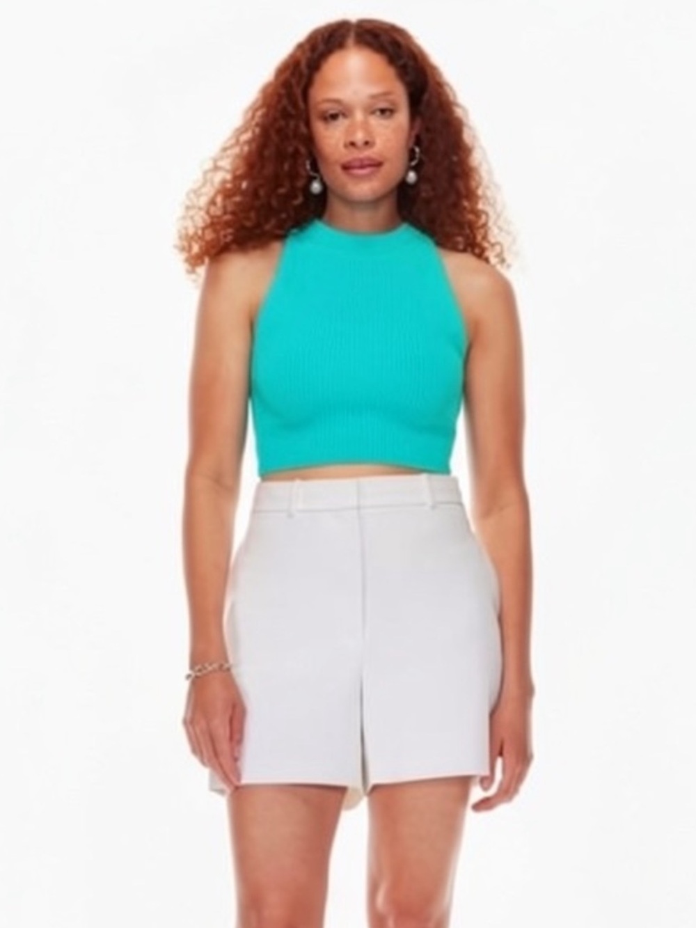 Aritzia Babaton Sculpt Knit Cropped Halter Top in Turquoise Blue Large